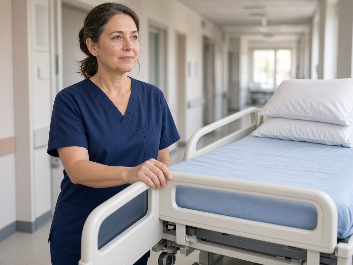 A clinician receiving a hospital bed in a care corridor
