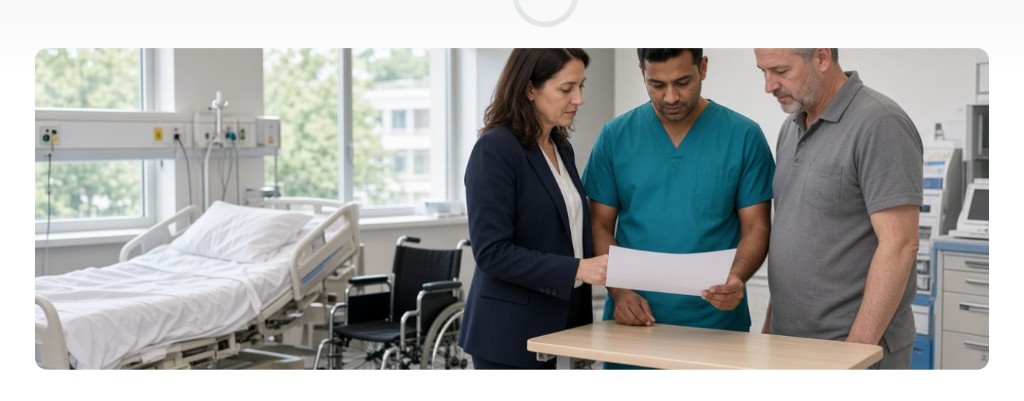 A clinician and colleagues reviewing a document in a hospital room