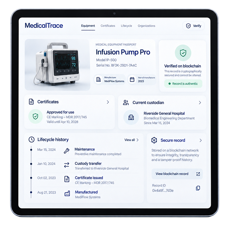 MedicalTrace equipment passport on a tablet
